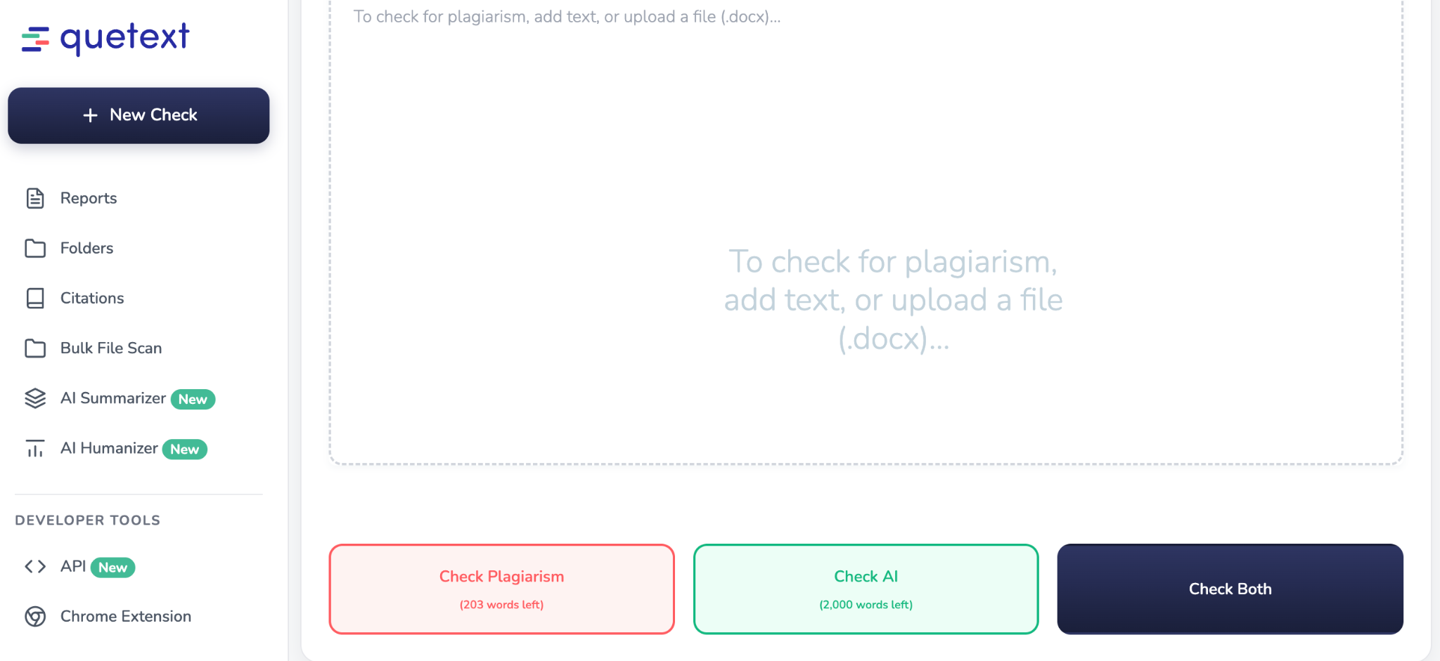 Quetext plagarism detection window.