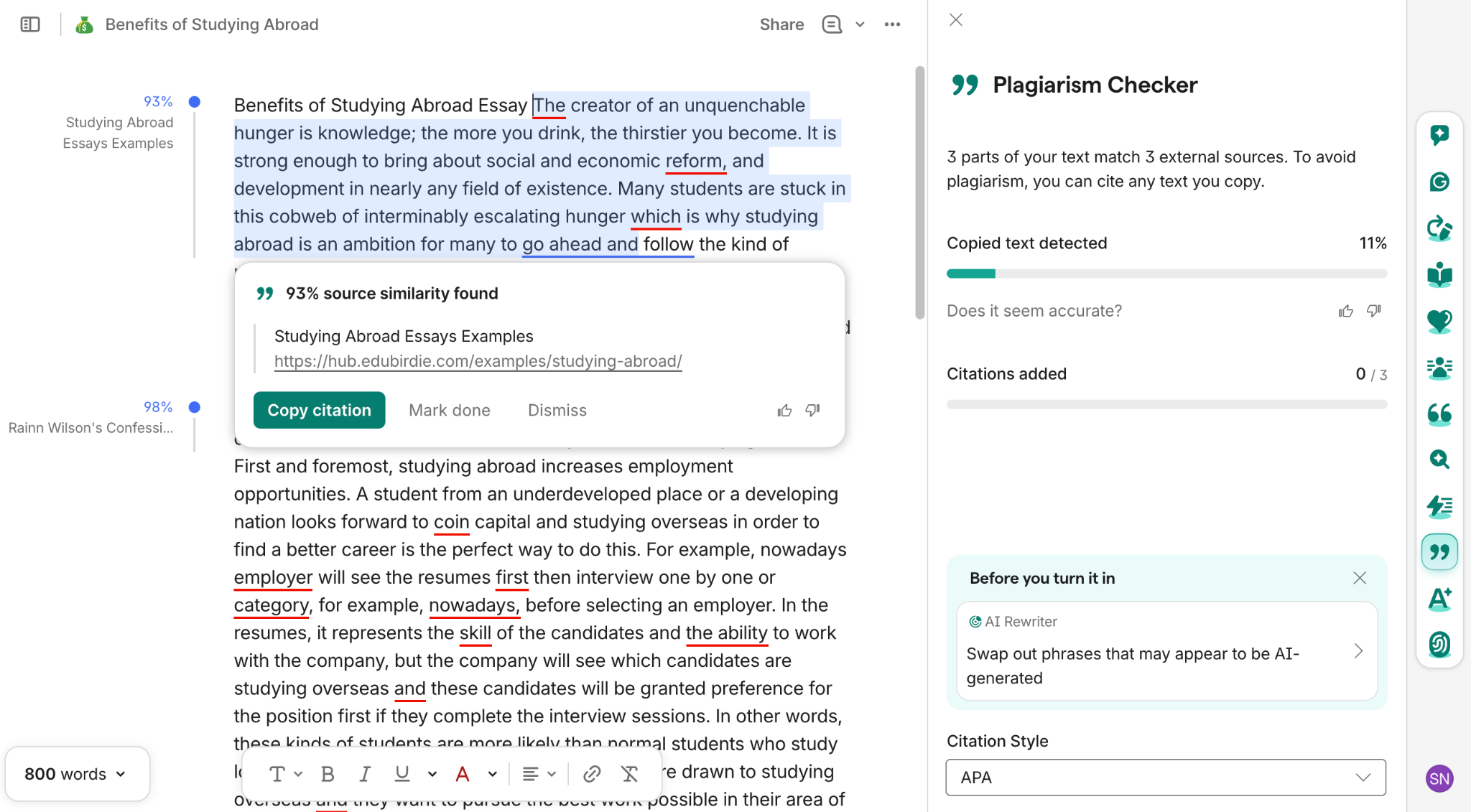Grammaly's plagiarism detection screen.