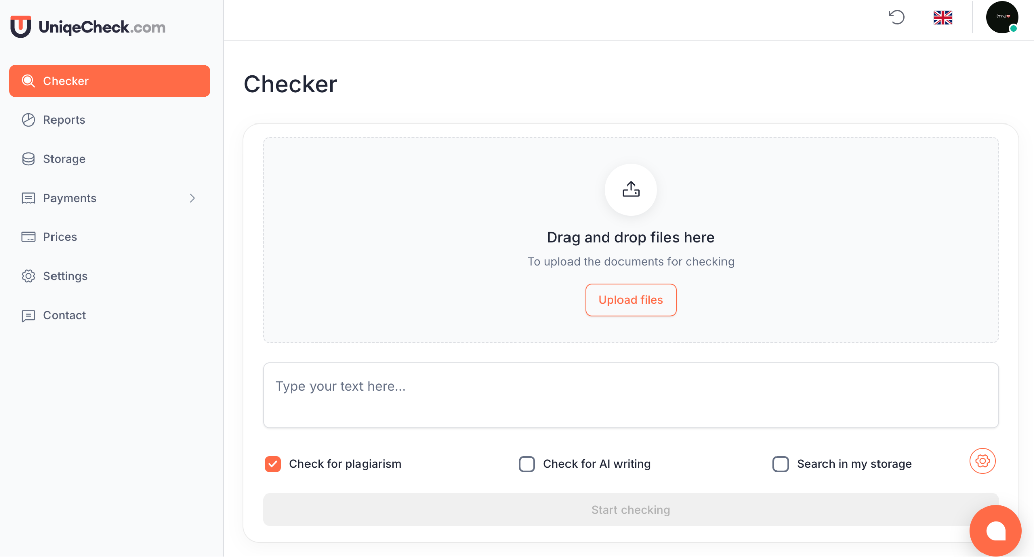Unicheck's dashboard.