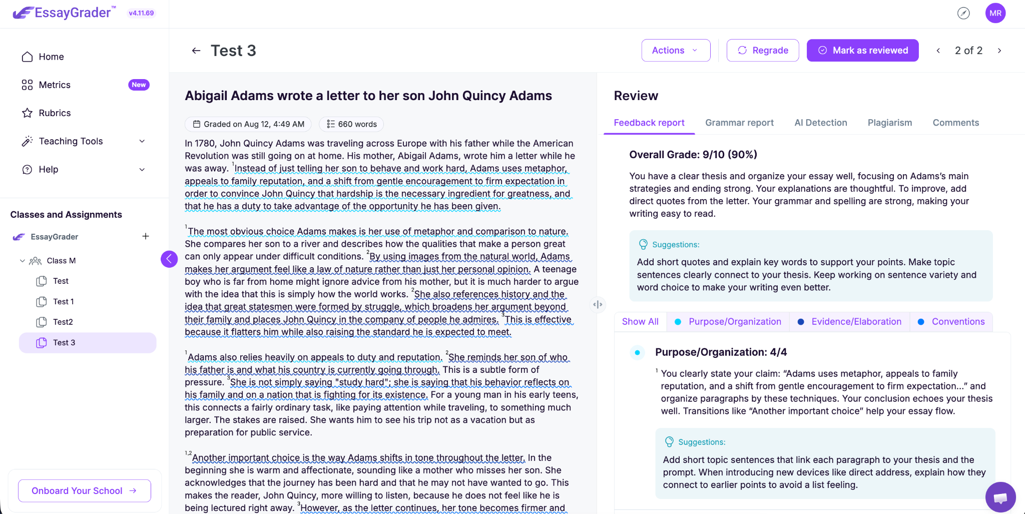EssayGrader AI AP essay grading screen showing grading feedback.