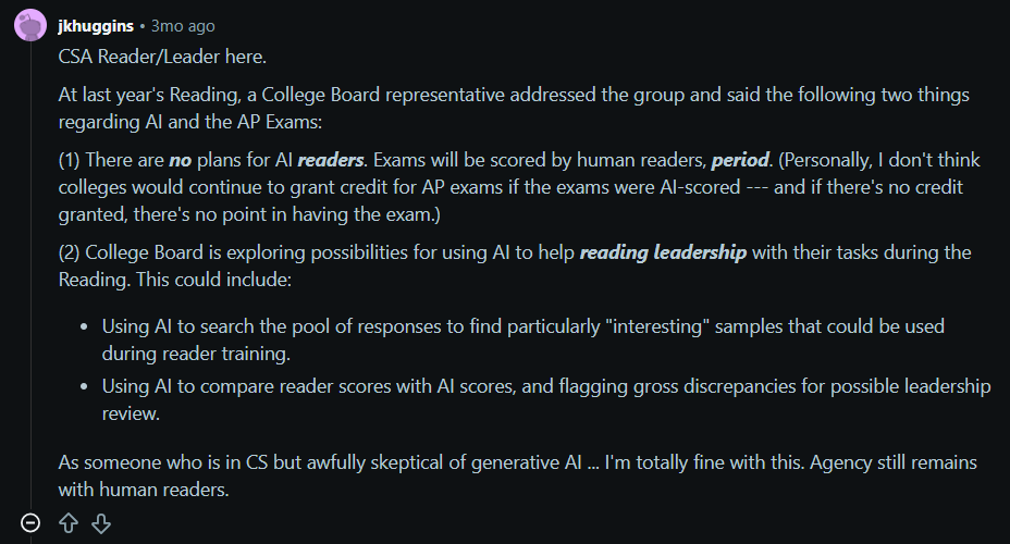CSA reader/leader post on reddit whether AP board uses AI tools for scoring.