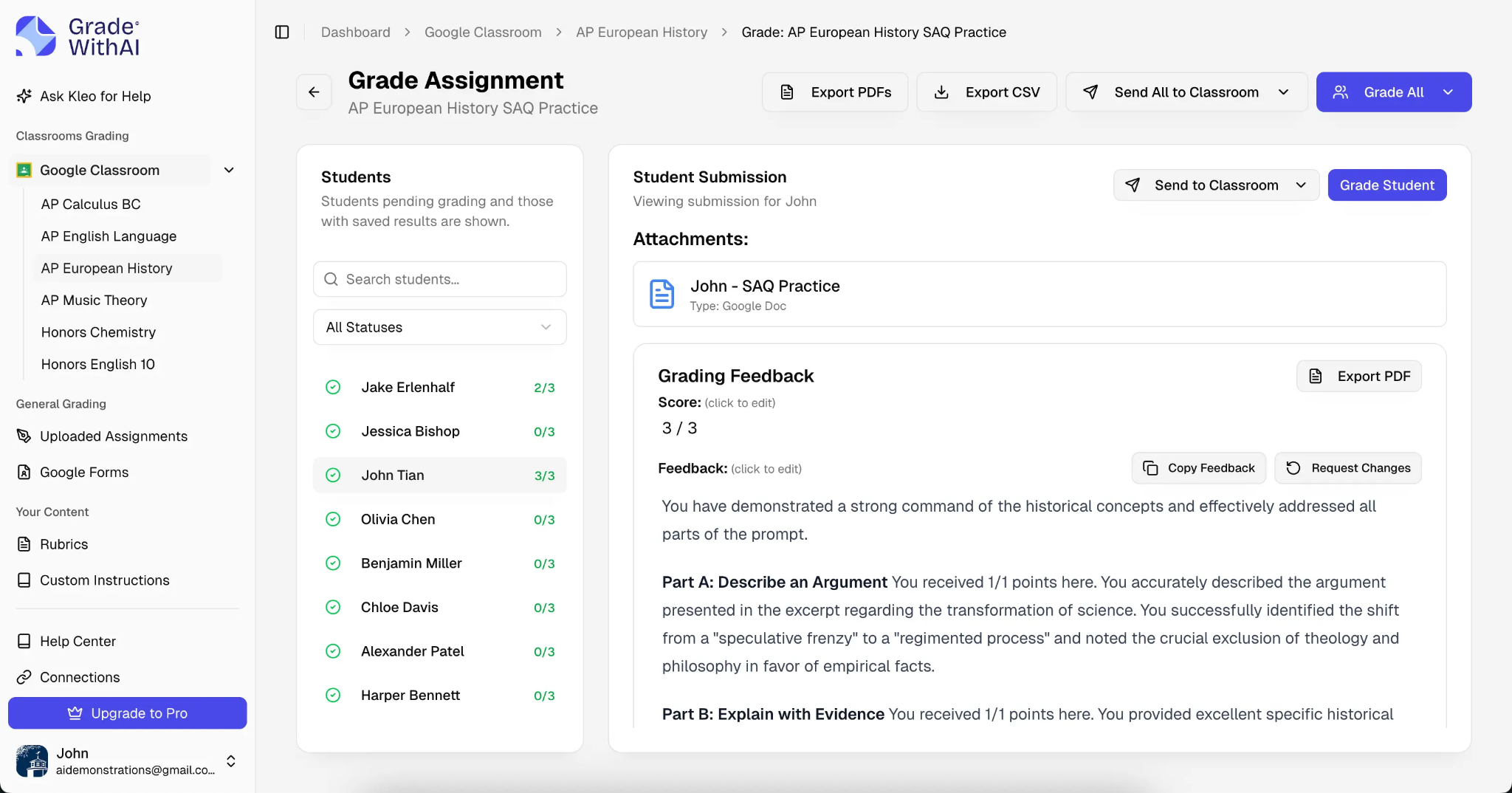 GradeWithAI AP essay grading screen showing grading feedback.