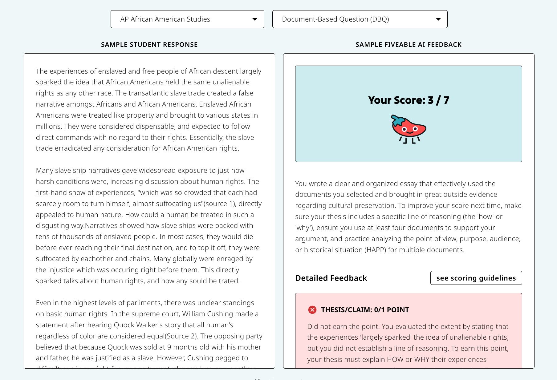 Fiveable AP essay grading screen showing grading feedback.