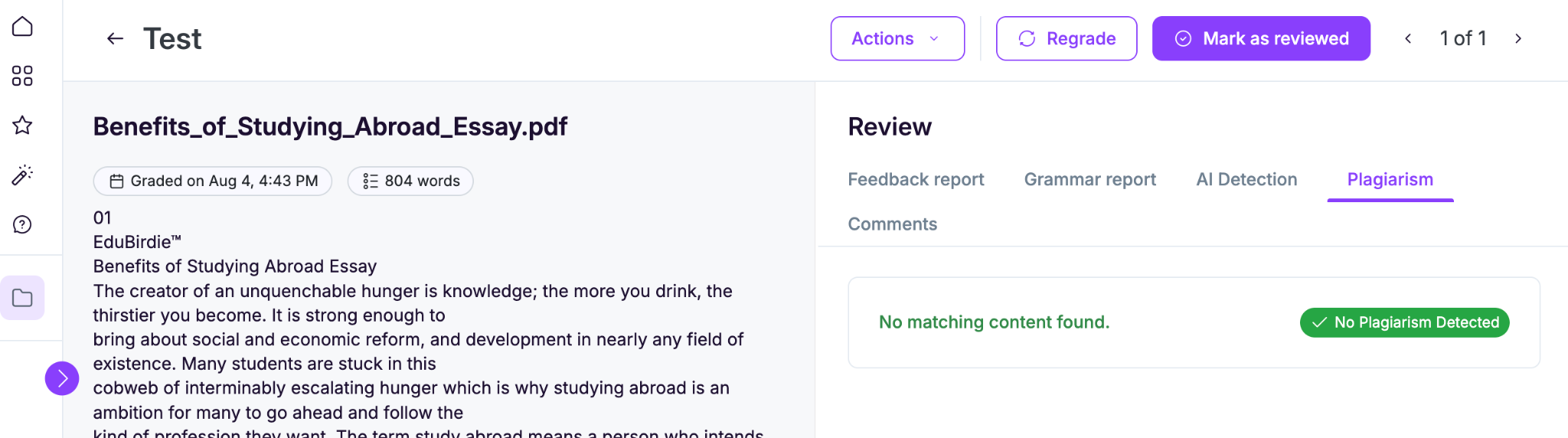 Built-in plagiarism and AI detection in EssayGrader AI.