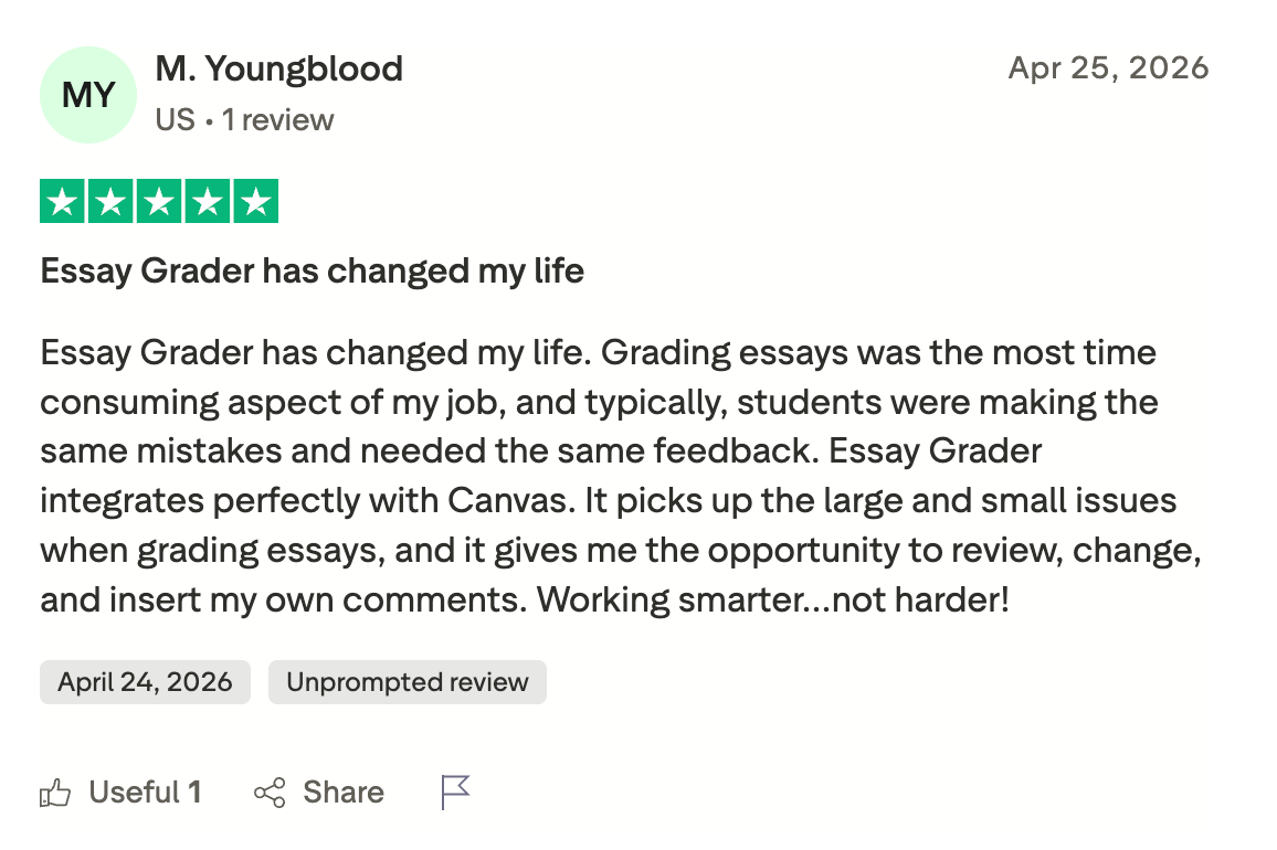 Positive customer review of EssayGrader AI on Trustpilot.