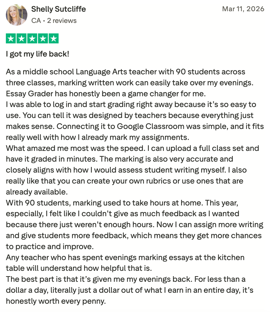 Happy user review for EssayGrader AI.