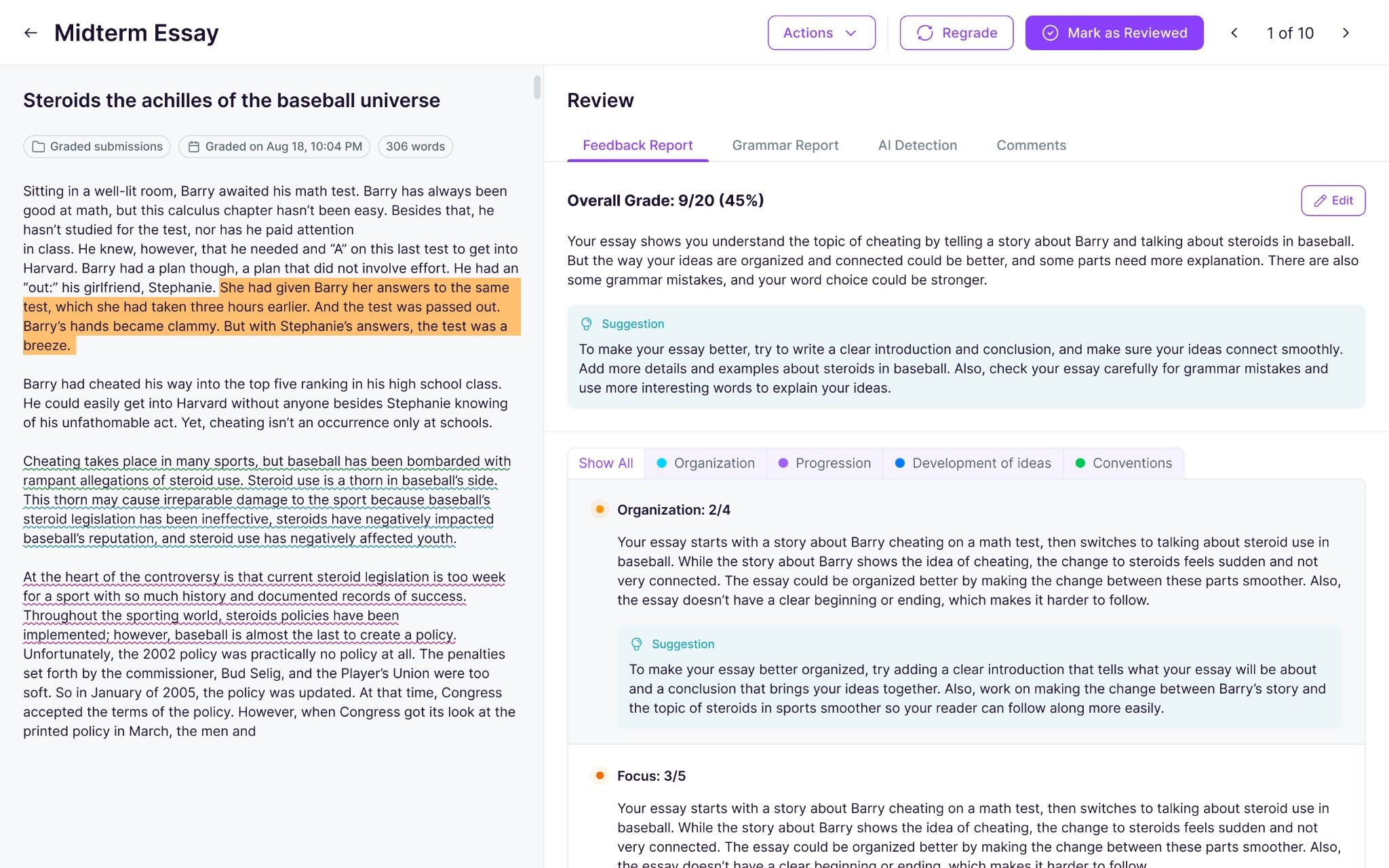 EssayGrader AI grading screen.