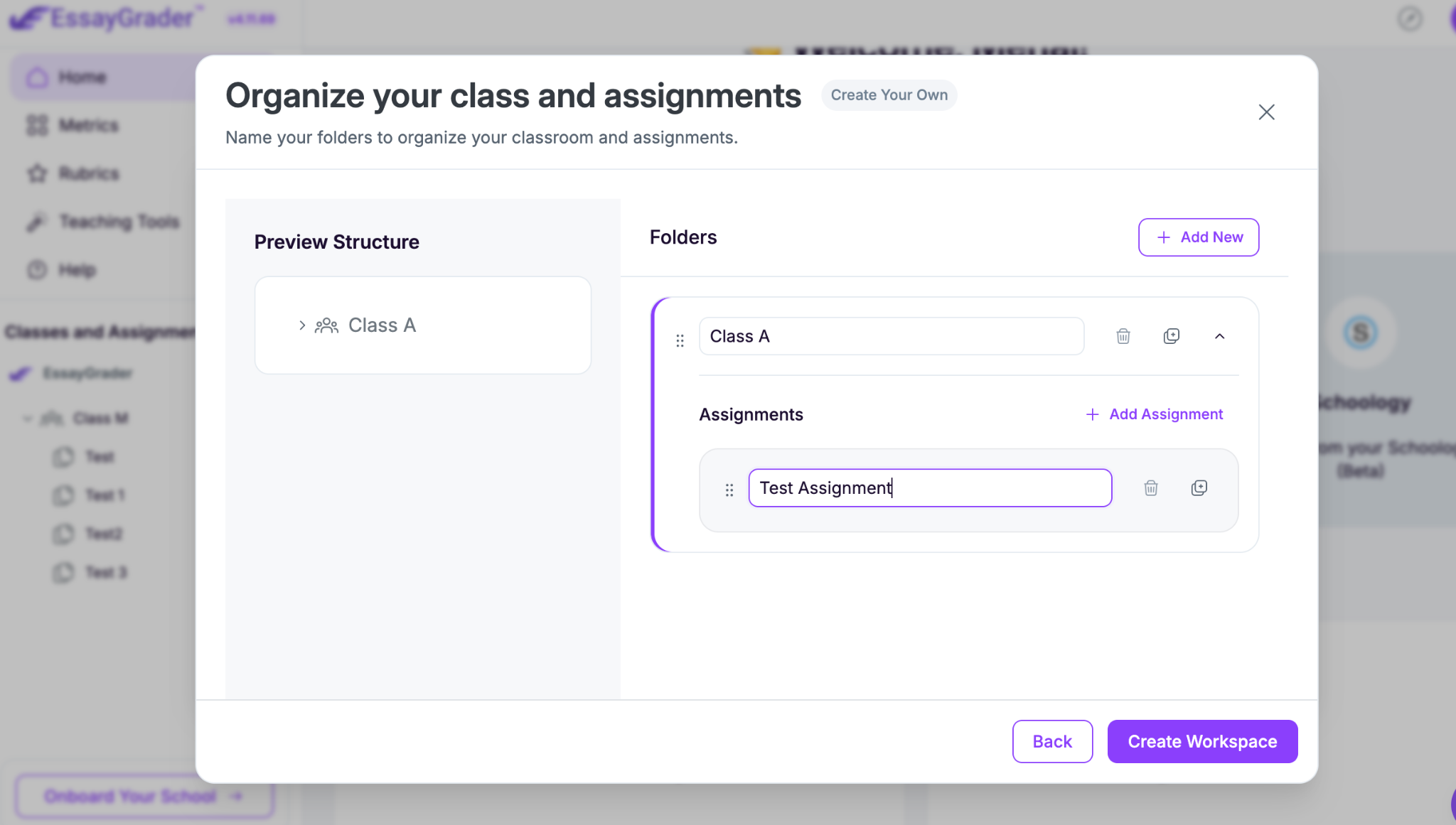 Class and assignment creation screen in EssayGrader.