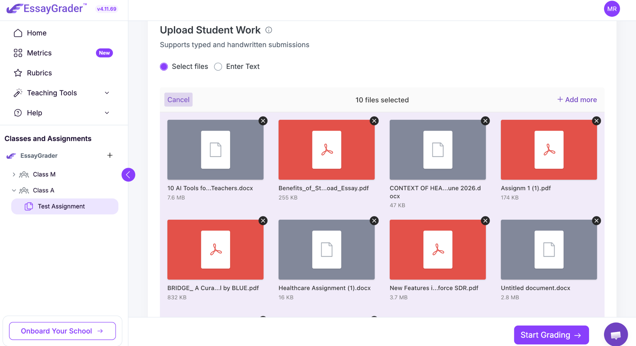 Bulk uploading screen in EssayGrader.