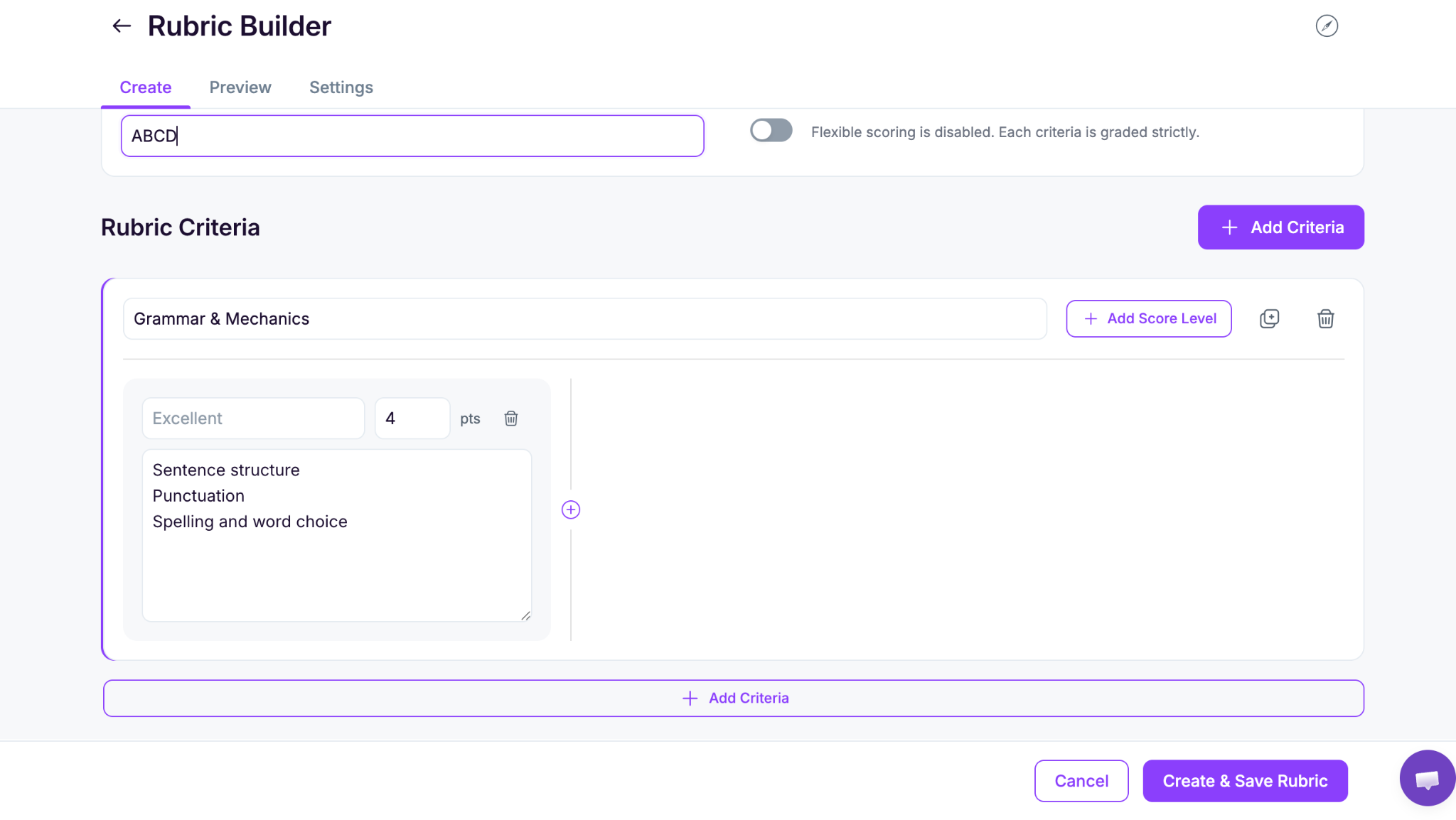 EssayGrader's rubric builder screen.