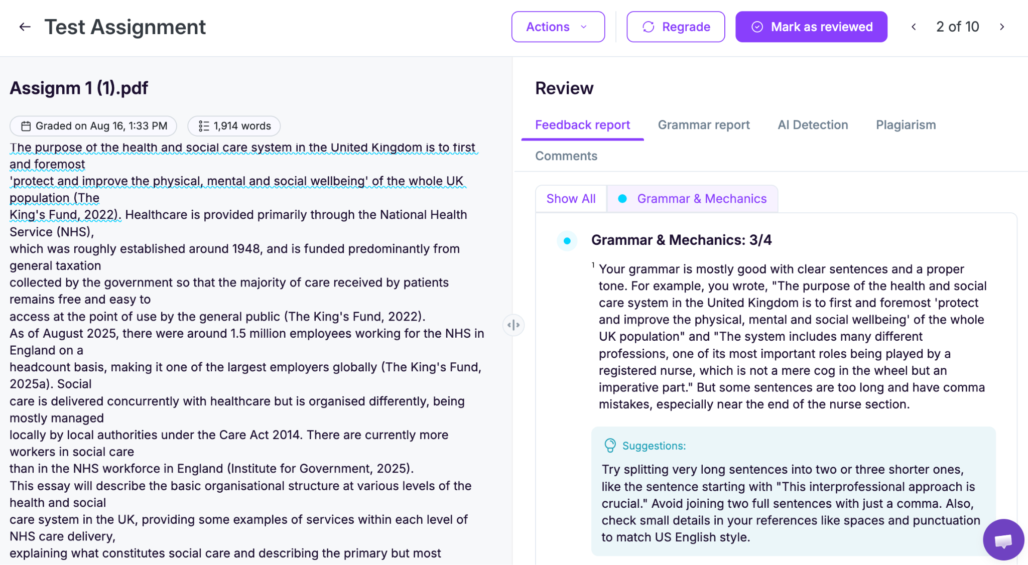 Essay grading screen in EssayGrader AI.