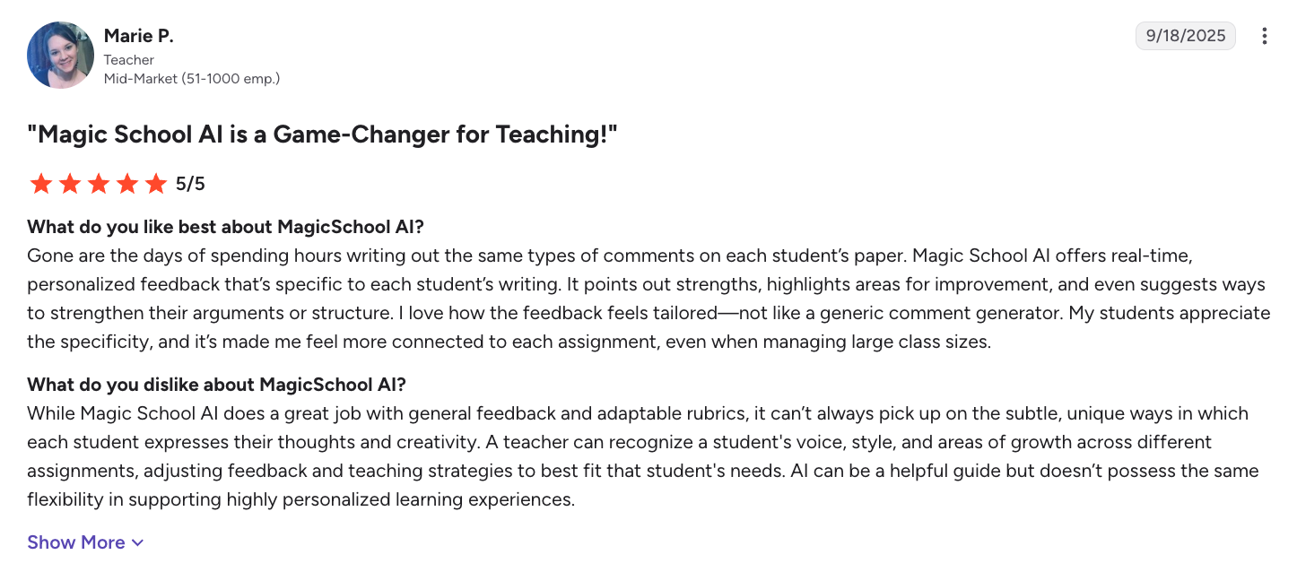 MagicSchool AI customer review.