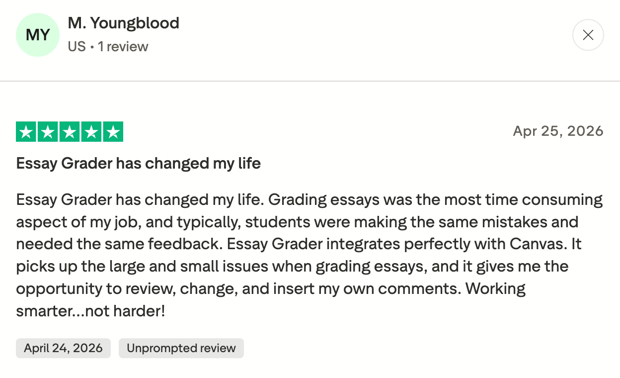 Happy customer reviews EssayGrader AI grading tool and how it has changed his life.