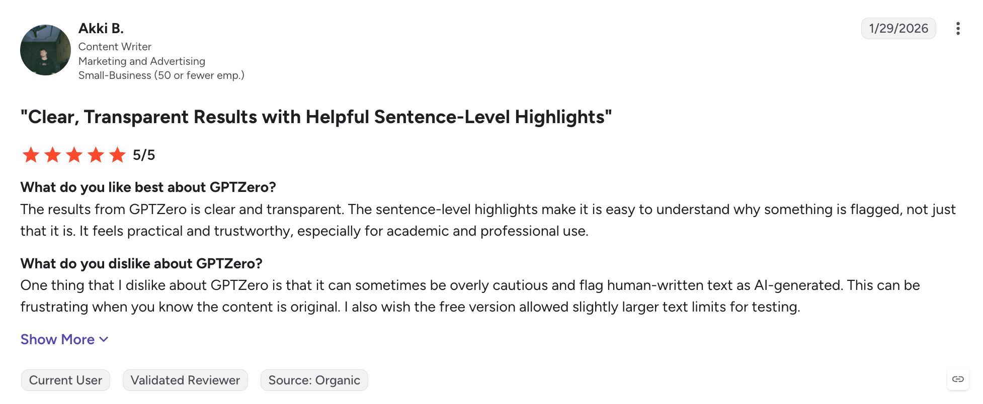 Happy customer review of GPTZero.