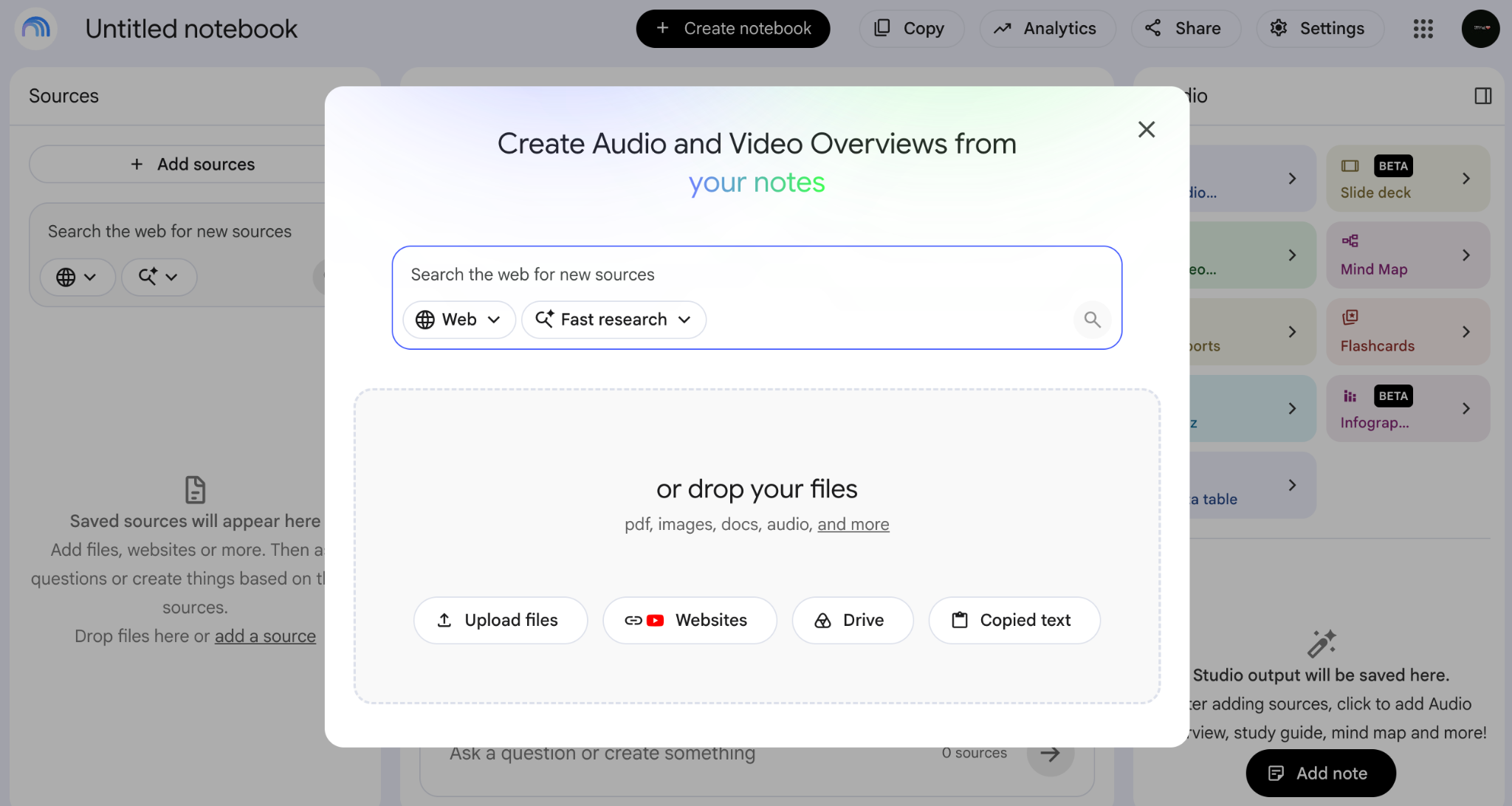 NotebookLM audio and video overview creation screen.