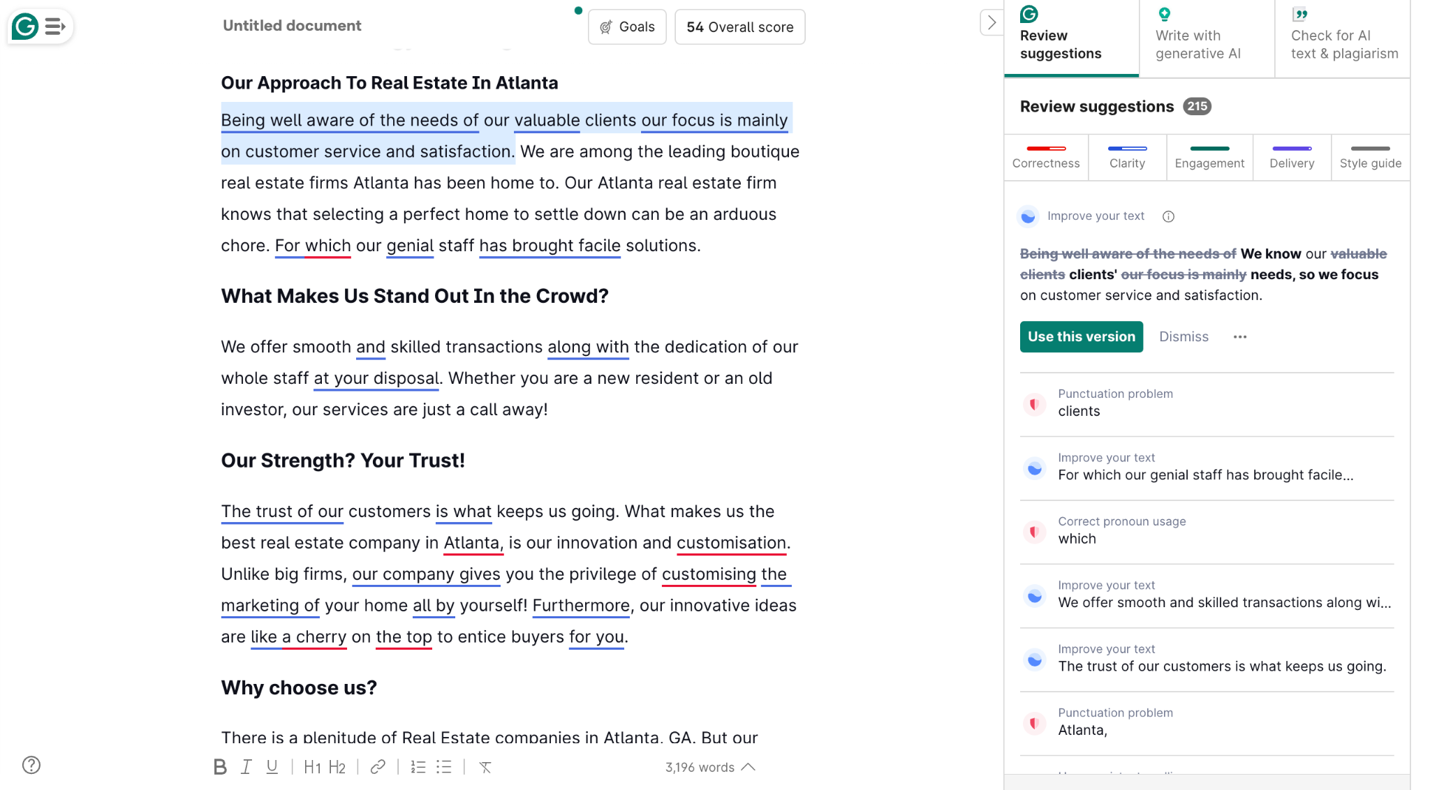 Grammarly’s suggestions screen, which provides full-sentence correction and writing support on your final draft.