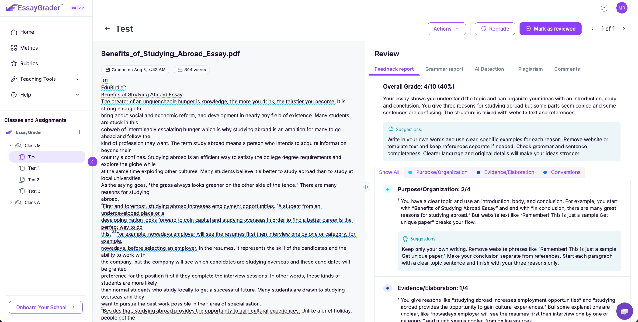 EssayGrader AI essay grading screen.