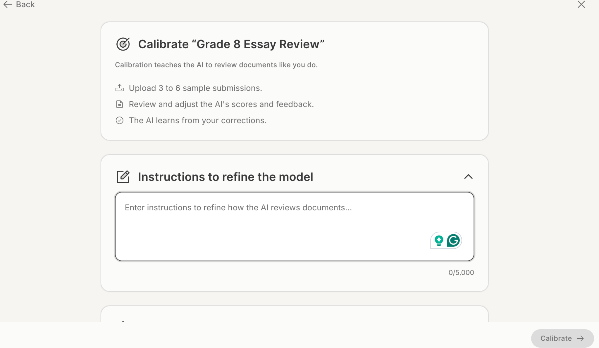 AI grading calibration window in GPTZero.