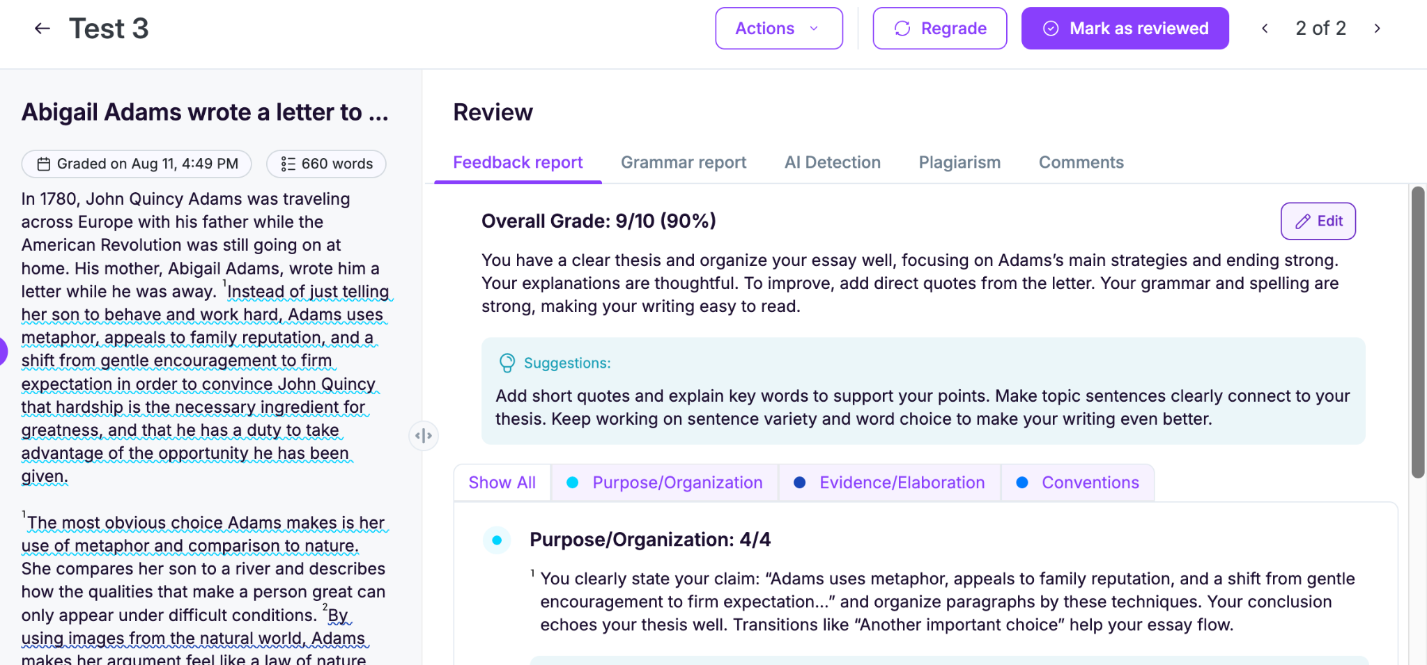 EssayGrader AI grading screen.