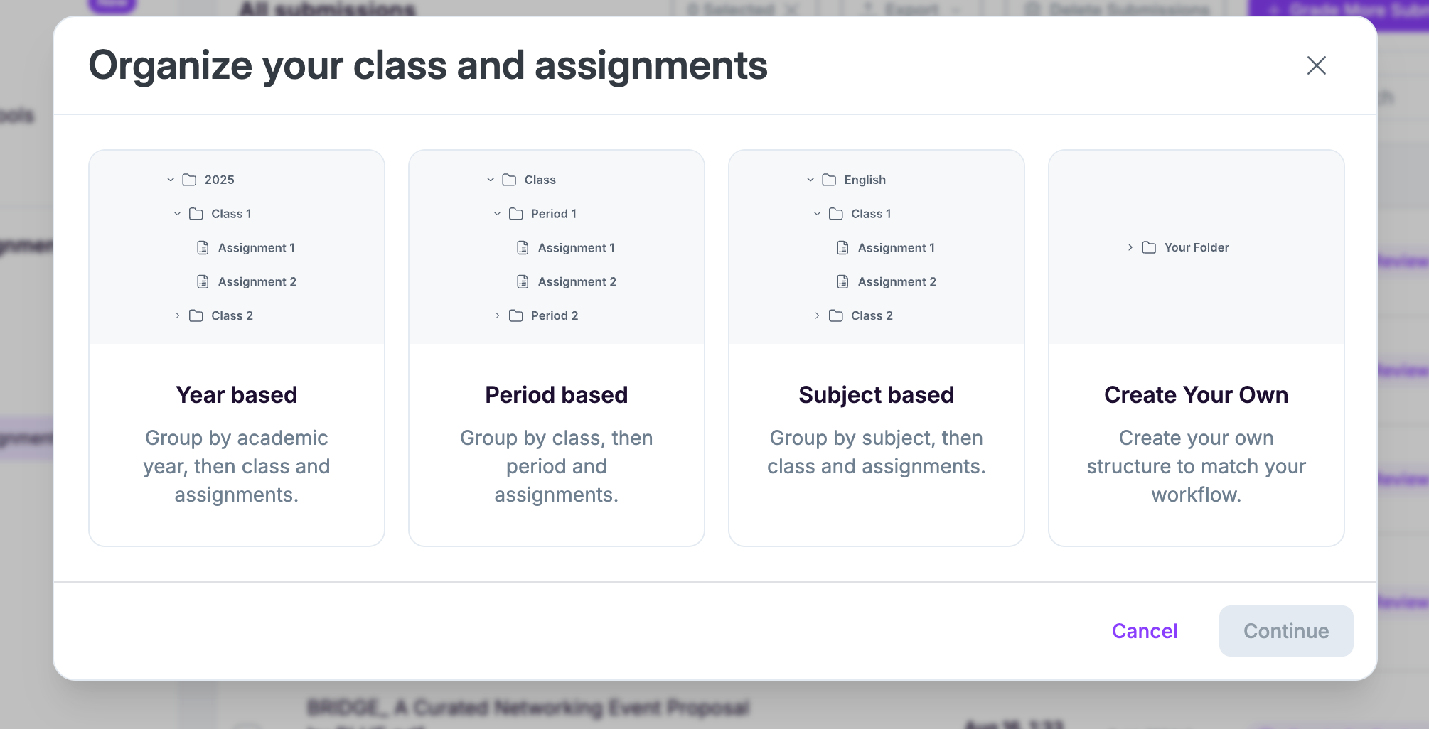 Options to organize your class and assignments in EssayGrader AI.
