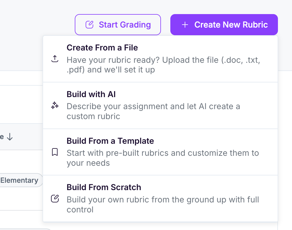 EssayGrader AI rubric options.