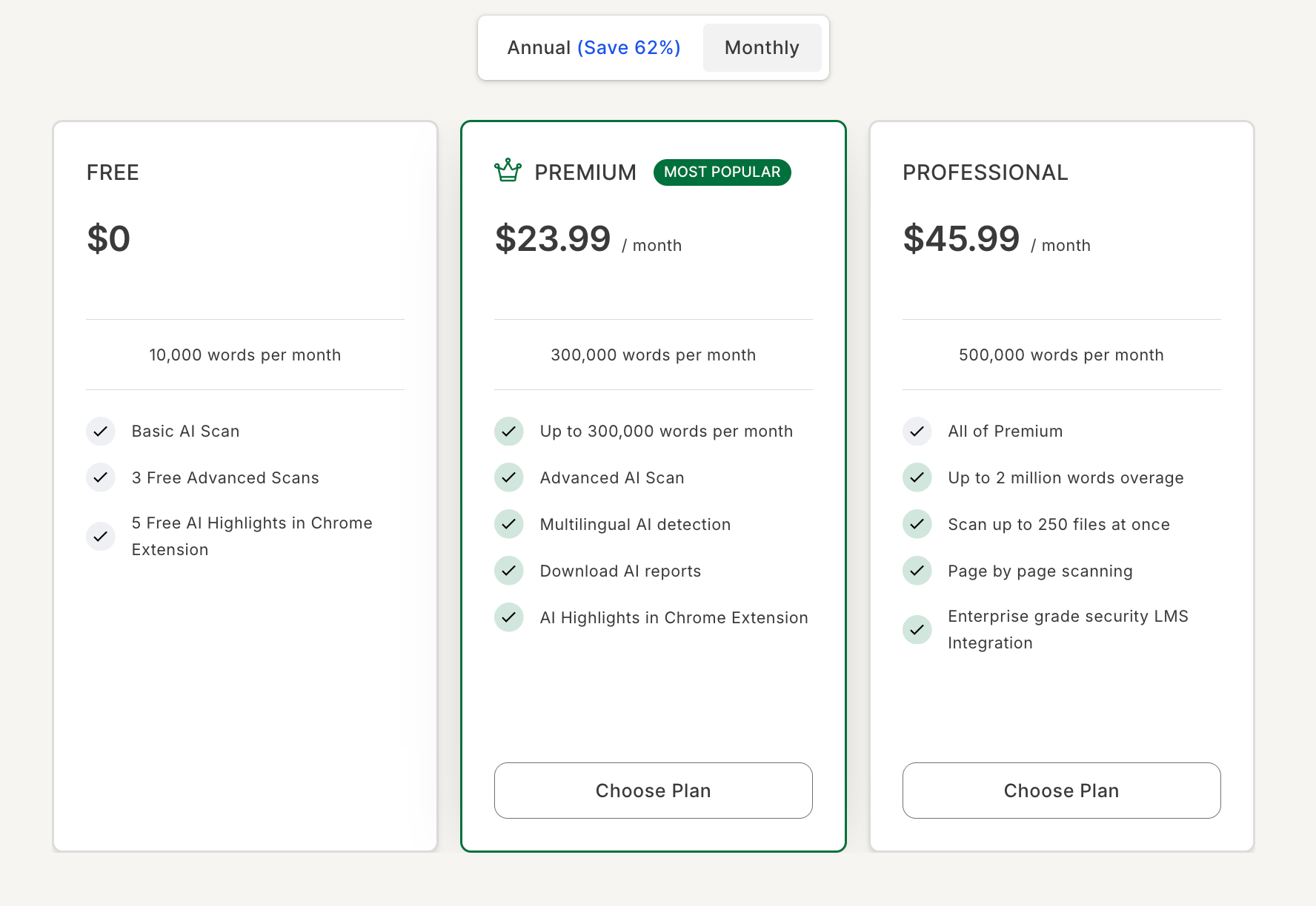 GPTZero pricing page screenshot.