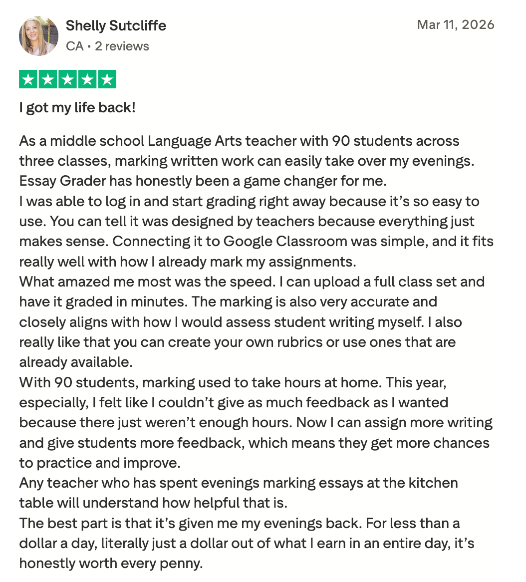 Happy customer review of EssayGrader AI on Trustpilot.