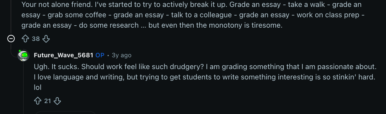Teachers sharing their thoughts on Reddit related to grading burden.