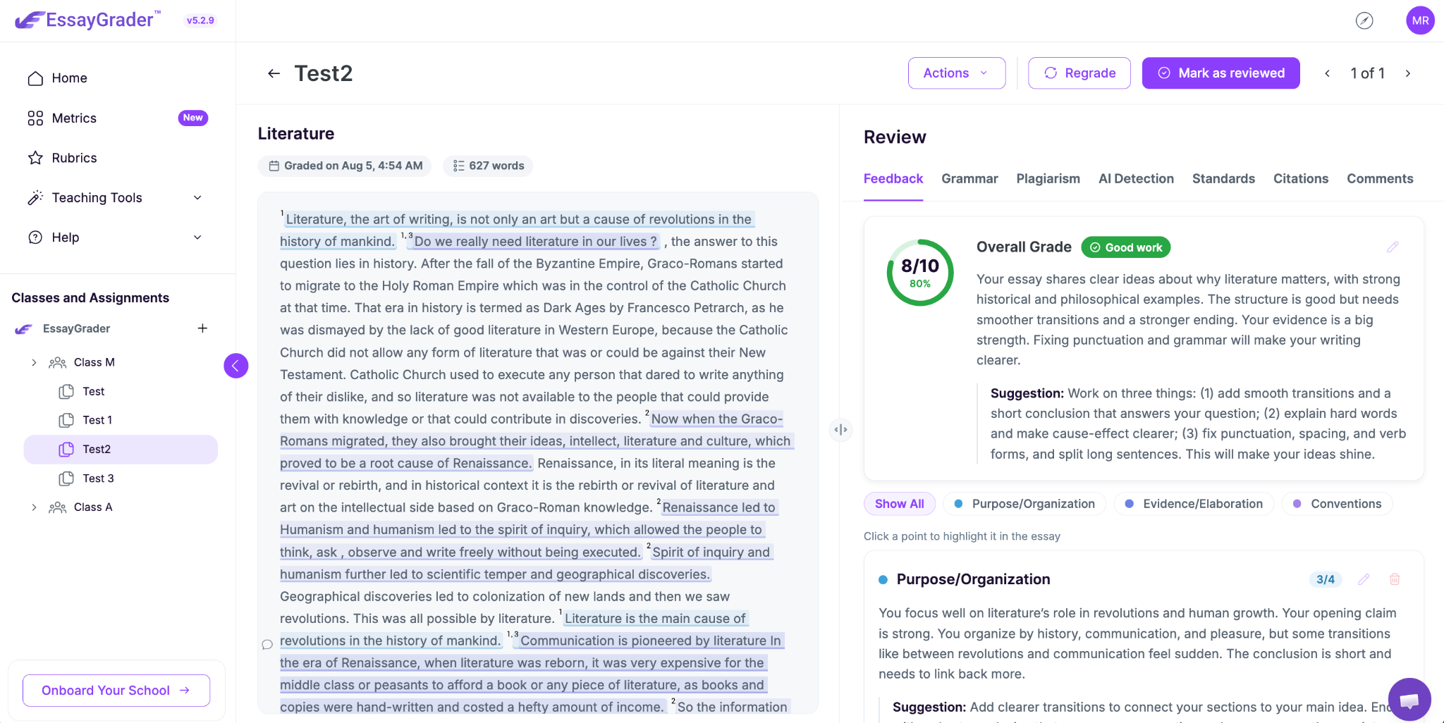 EssayGrader scoring an essay against rubric criteria.