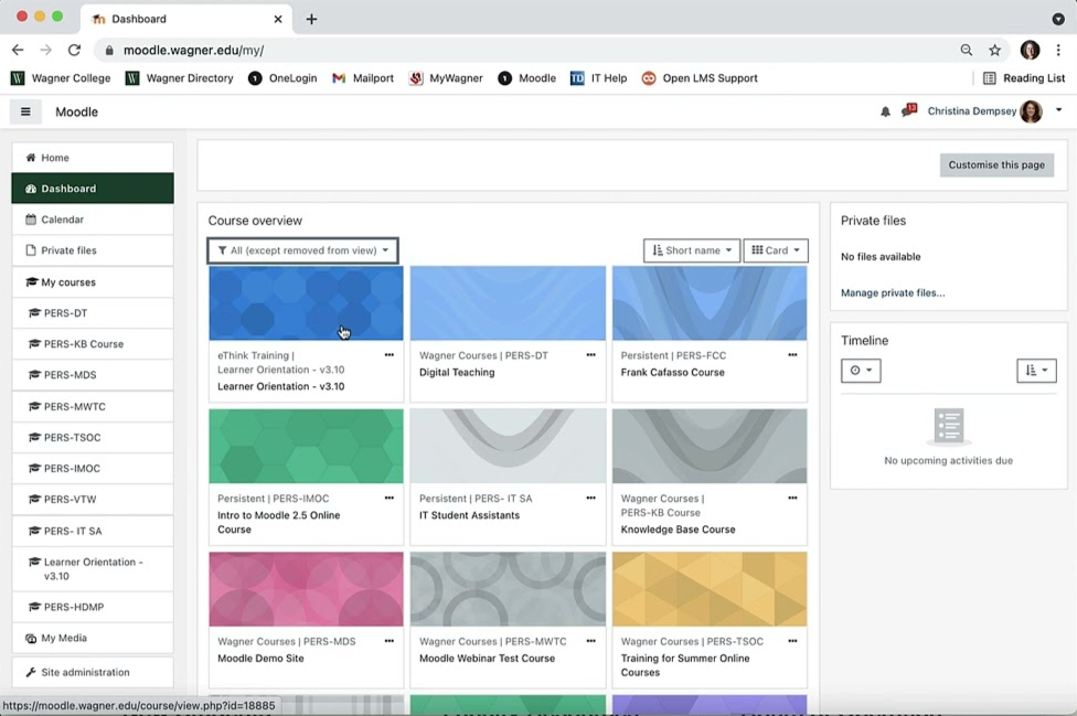 Moodle dashboard.