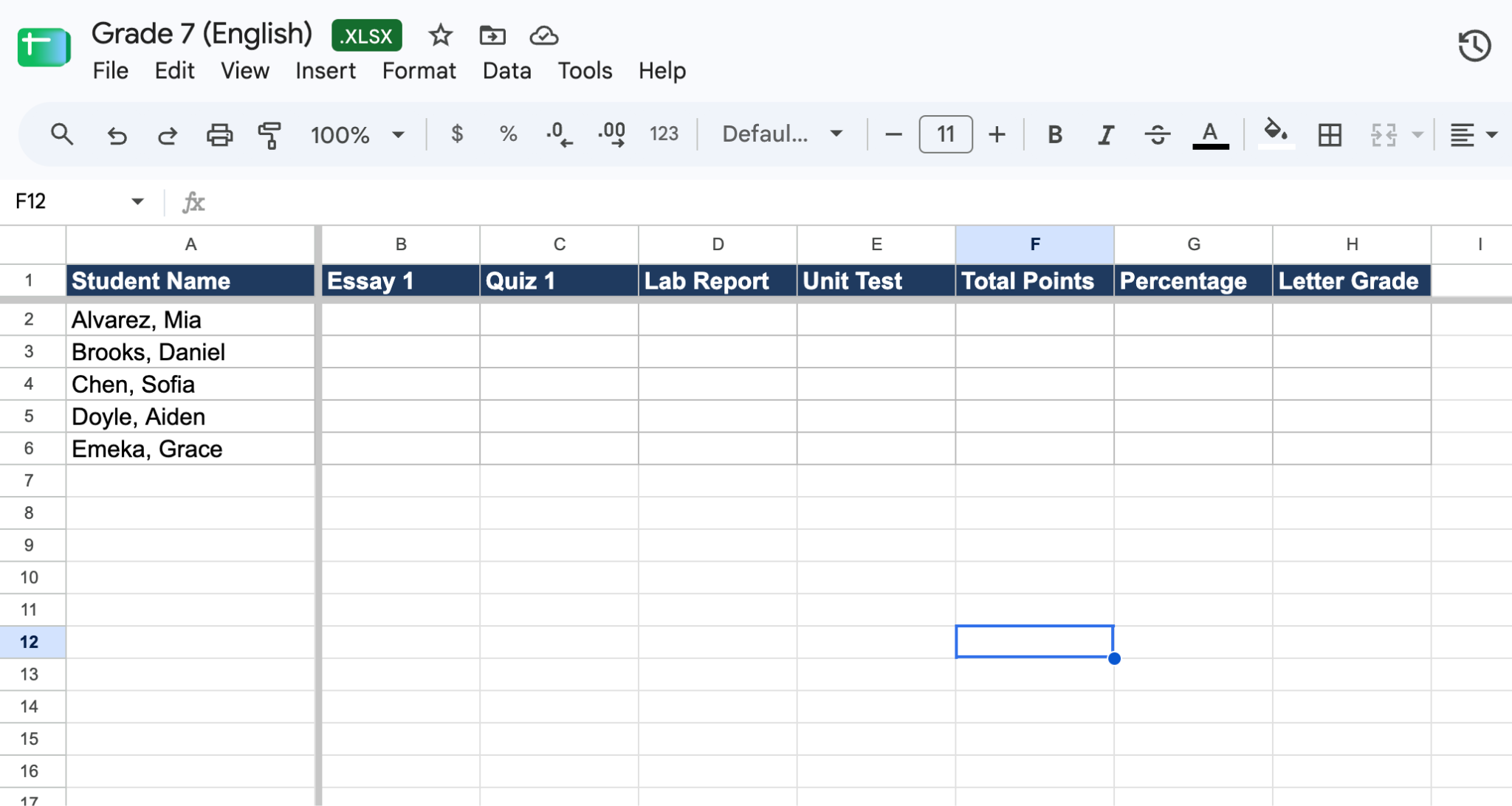 Filling in details in the newly created Google Sheets.