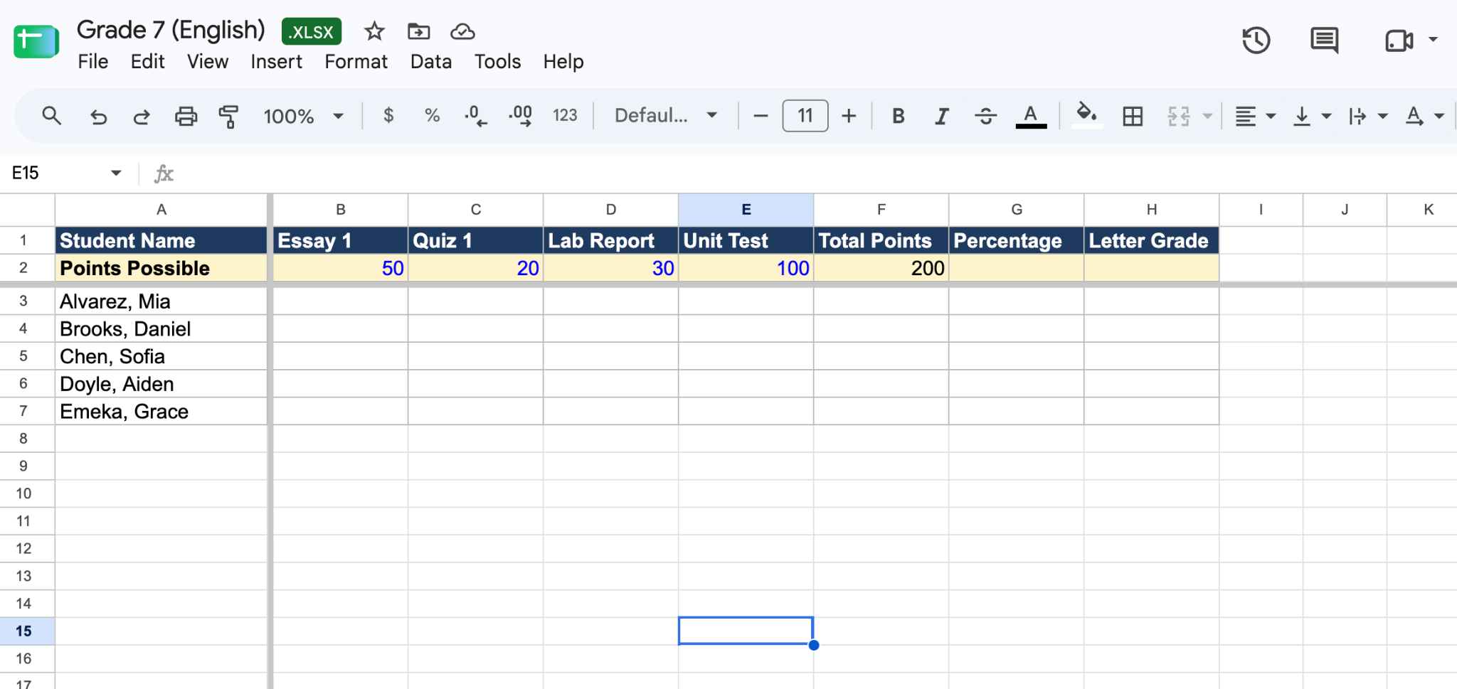 Adding a points table row in Google Sheets.