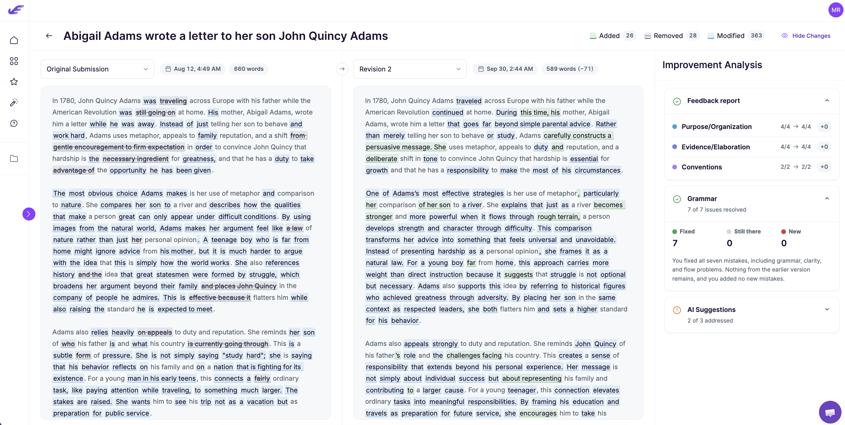 EssayGrader comparison view showing an original essay and its revision side by side with an Improvement Analysis panel.