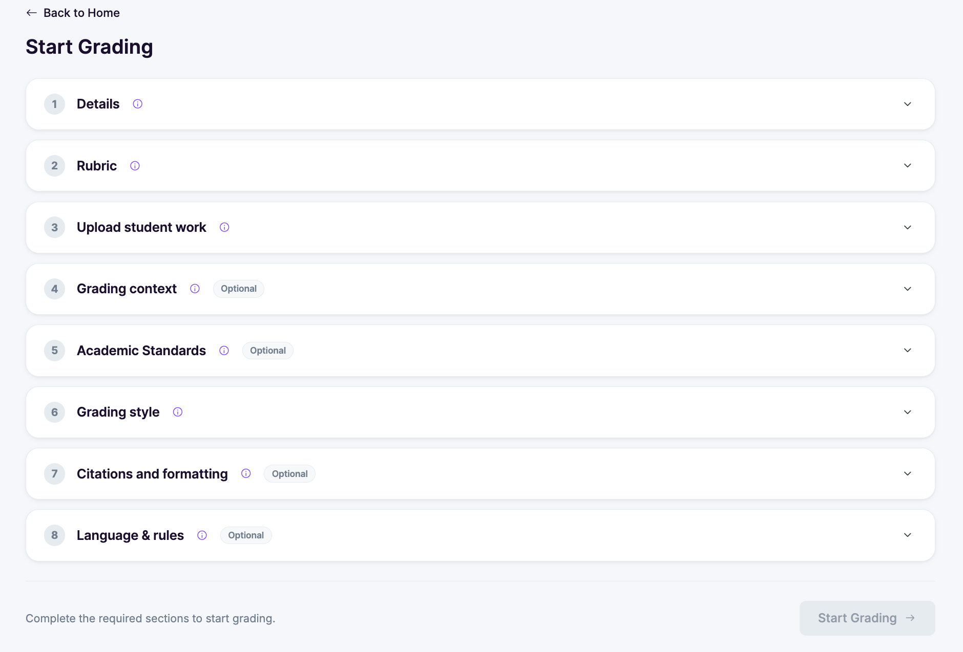 EssayGrader Start Grading page showing eight numbered setup steps, with optional steps labeled.