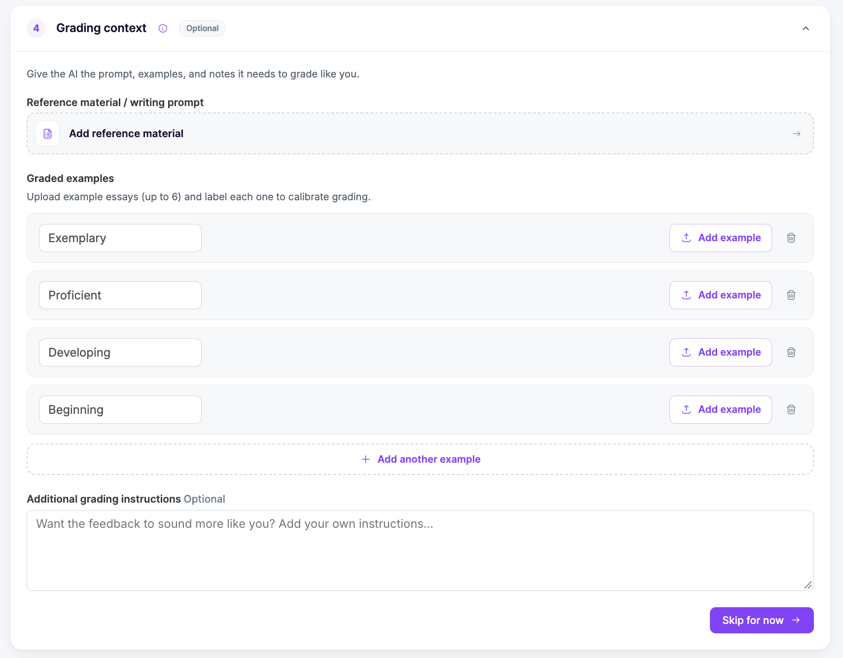 EssayGrader Graded examples section with Exemplary, Proficient, Developing and Beginning labels and Add example buttons.