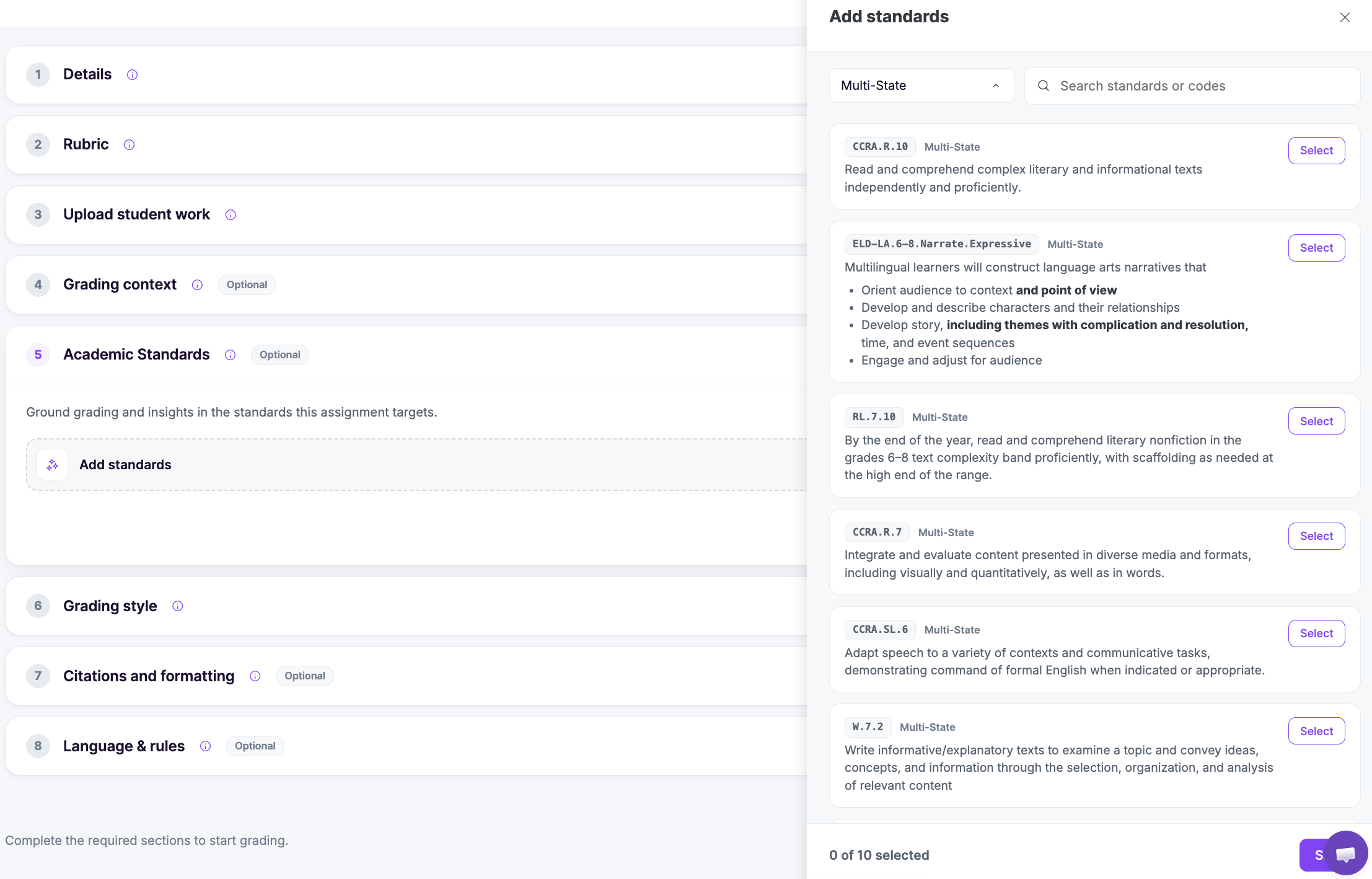 EssayGrader Add standards window listing suggested academic standards with codes, descriptions and Select buttons.