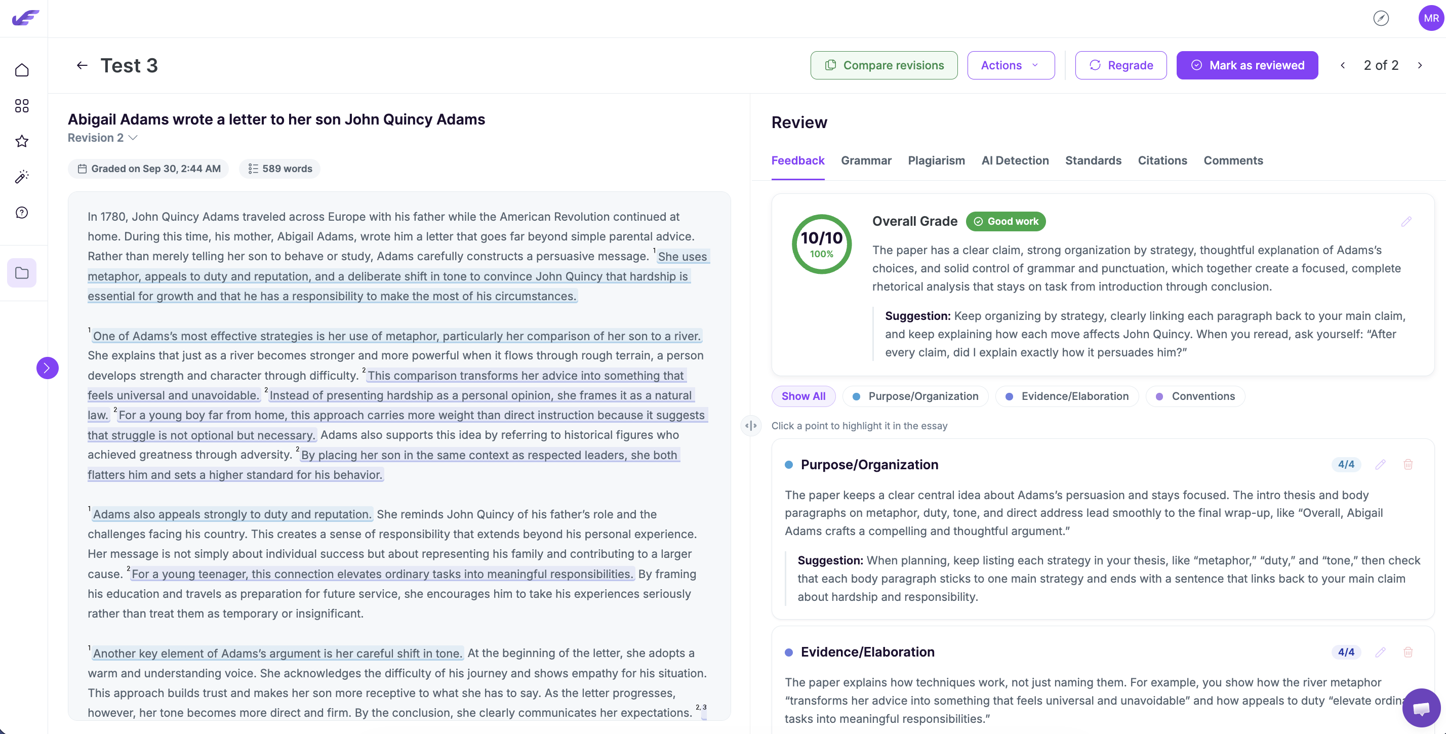 EssayGrader review panel with the Refine with AI option open below the overall grade feedback.