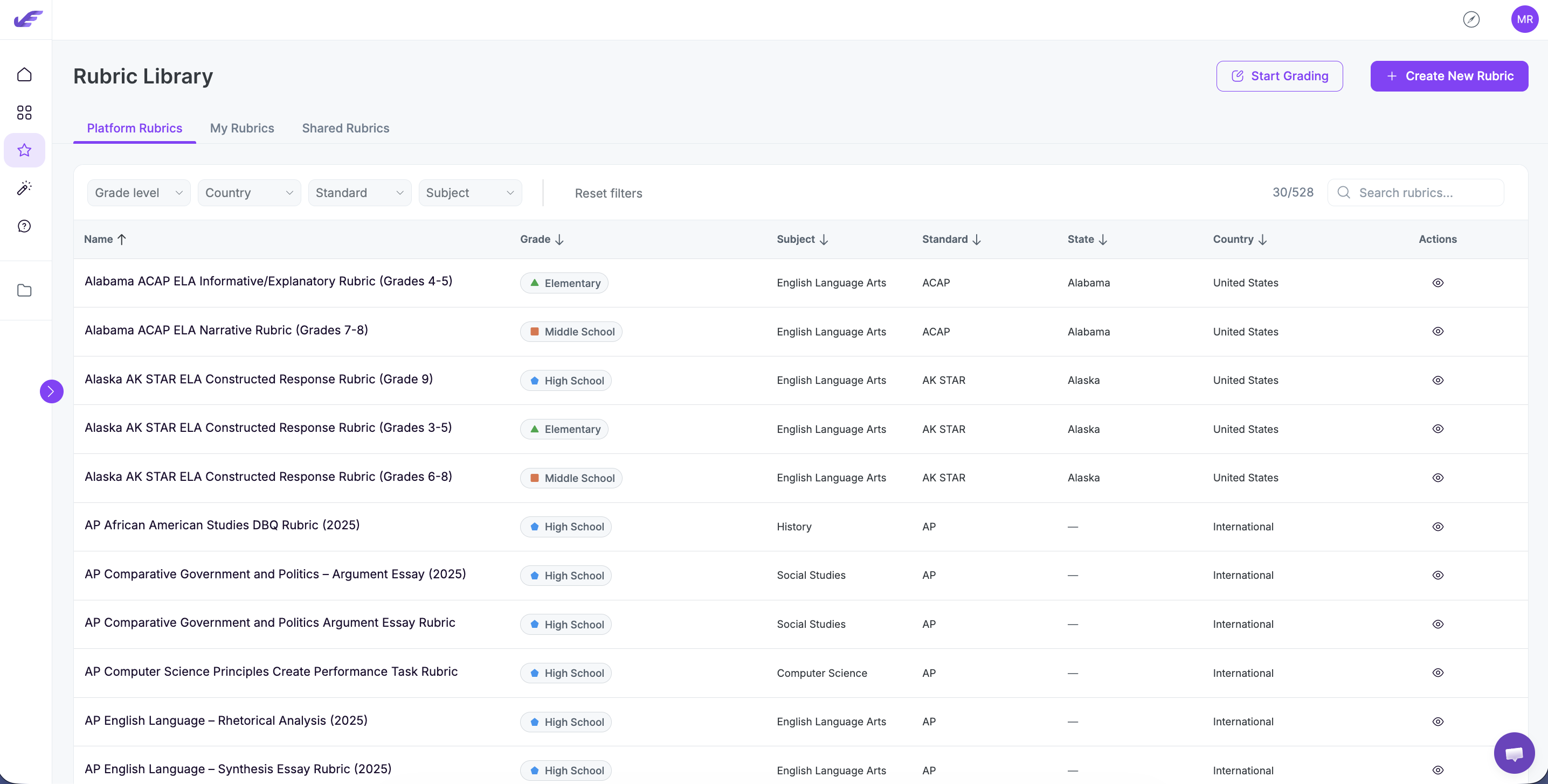 EssayGrader Rubrics Library with filters and columns for subject, standard, state and grade level.