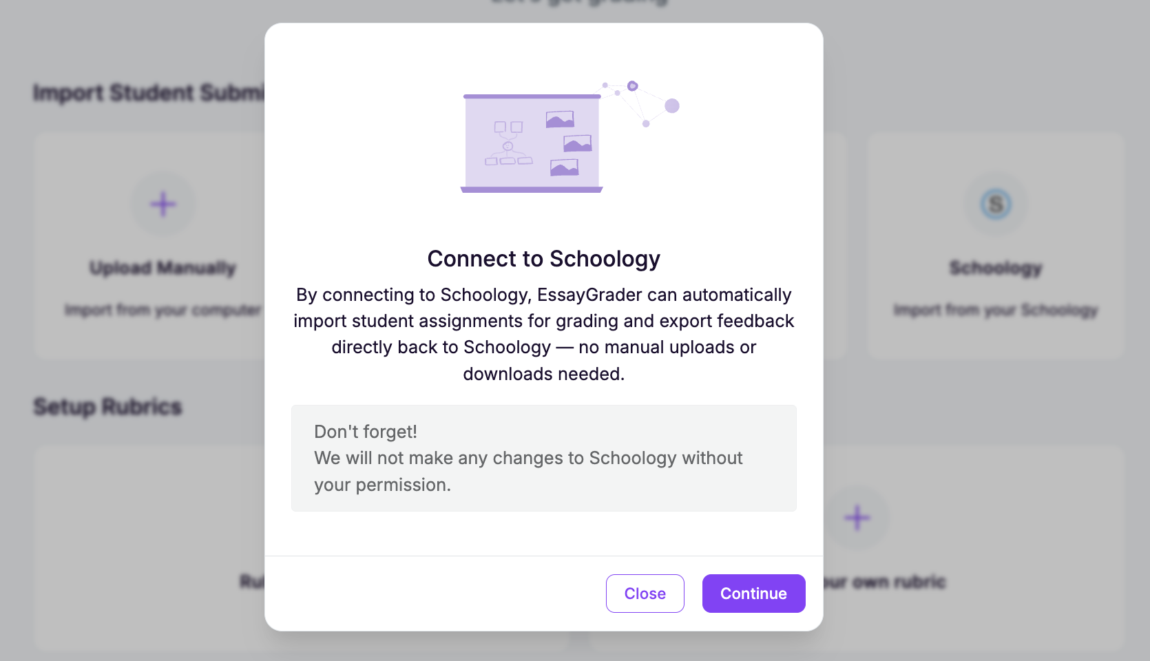 EssayGrader Connect to Schoology window explaining how to import assignments and export feedback to Schoology.