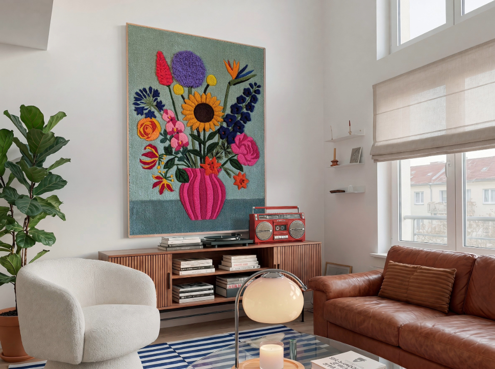 A collection of colorful, framed textile artworks leaning against a white wall. The pieces feature bold abstract designs, including a black, yellow, and blue composition; a red and cream geometric pattern; a teal and orange organic design; a vibrant mix of orange, blue, and green shapes; and a piece with green and purple patterns over black and white. The arrangement is displayed on a polished herringbone wood floor, highlighting the modern and artistic craftsmanship