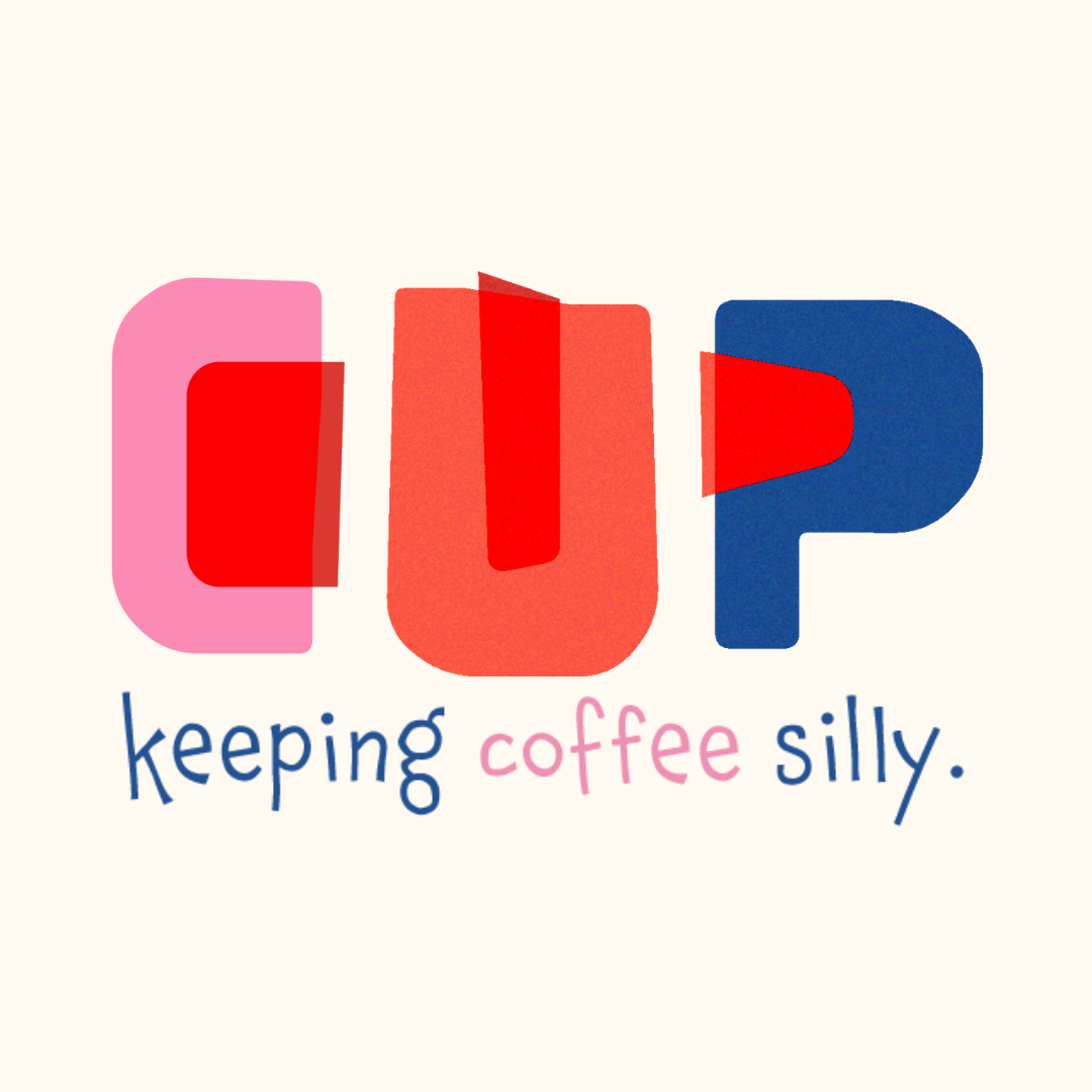 Playful logo with the word 'cup' as an icon, and the caption 'keeping coffee silly' underneath