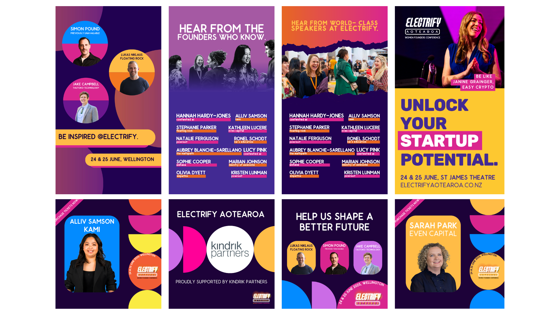 Collage of different social assets for the women founders conference Electrify Aotearoa, including images of speakers like Hannah Hardy-Jones and Olivia Dyett
