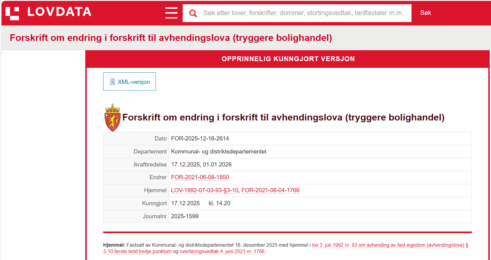 Endring i forskrift til avhendingslova