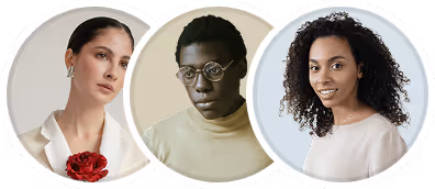 Portraits of three diverse people in circular frames: a woman with dark hair holding a red rose, a man with glasses in a beige shirt, and a smiling woman with curly hair.