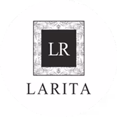LARITA logo featuring white initials LR inside a black square with a floral ornate border.
