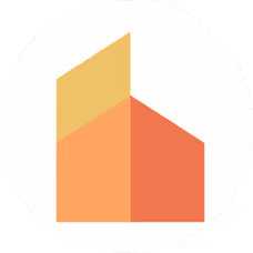 Abstract geometric logo with three connected blocks in shades of orange and yellow inside a white circle.