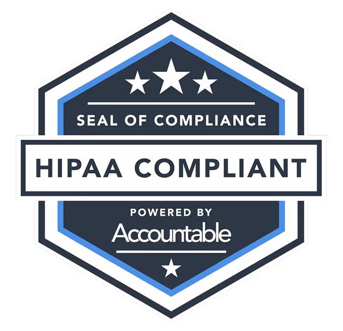 Hexagonal seal with stars and text reading 'Seal of Compliance, HIPAA Compliant, Powered by Accountable'.