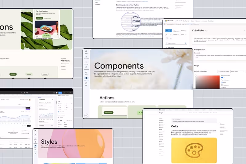 Screenshots of a user interface design system showing components, styles, color settings, and analytics on a grid background.