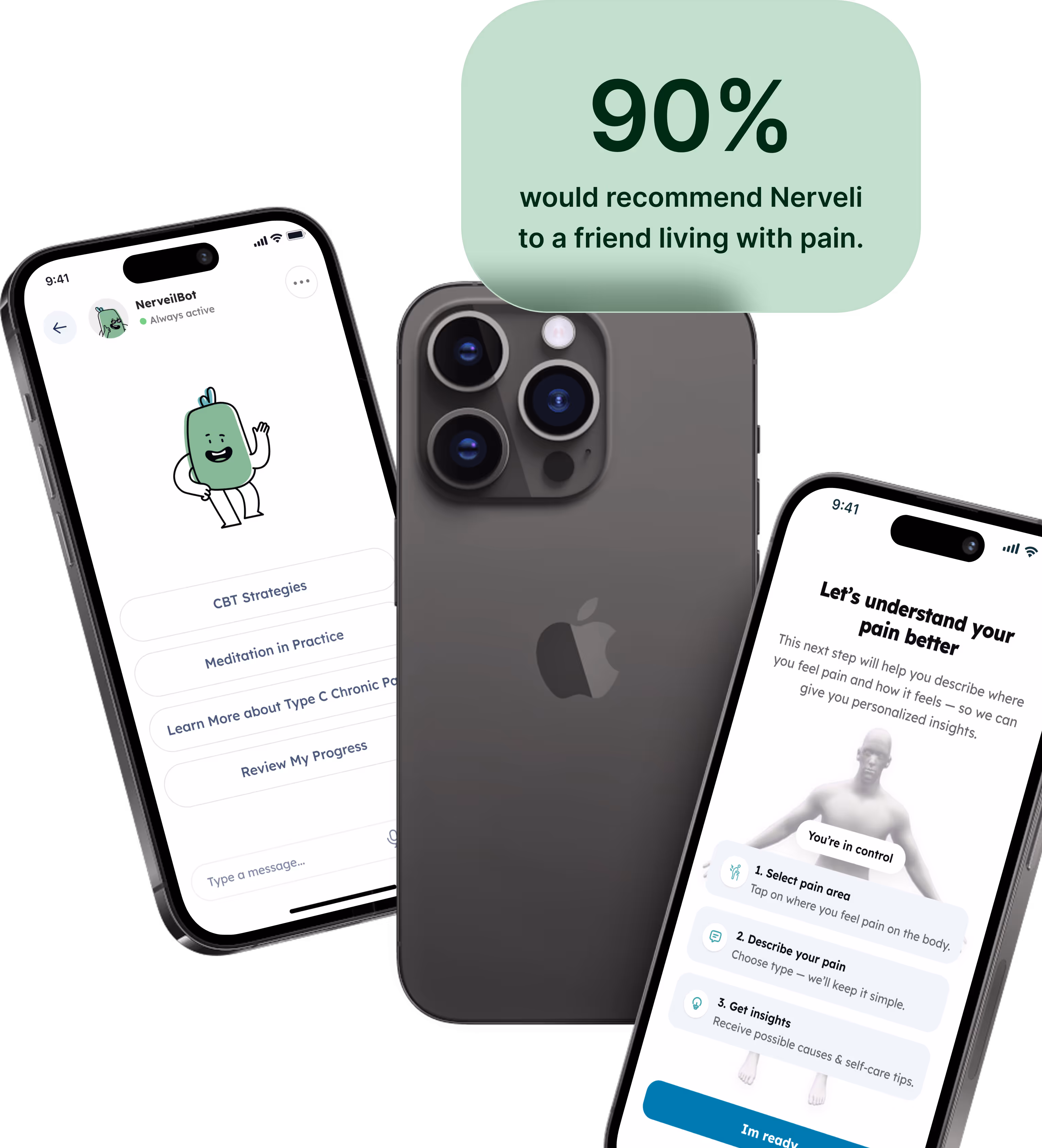 Three iPhones showing Nerveli app screens and a speech bubble stating 90% would recommend Nerveli to a friend living with pain.