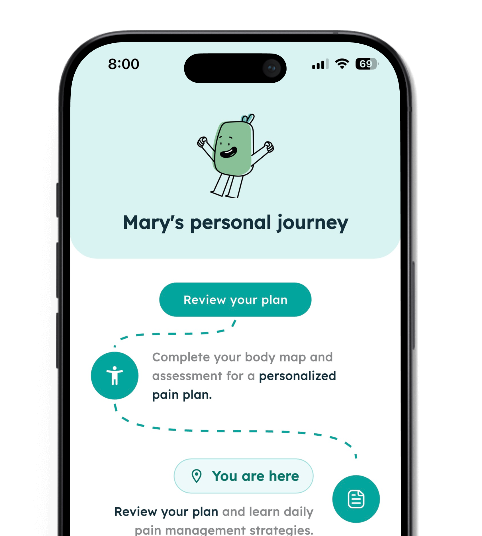 Smartphone screen showing a 'My Journey' app page for a 30 Days Program on Pain Management for Relief with introduction section highlighted and a Start here button.